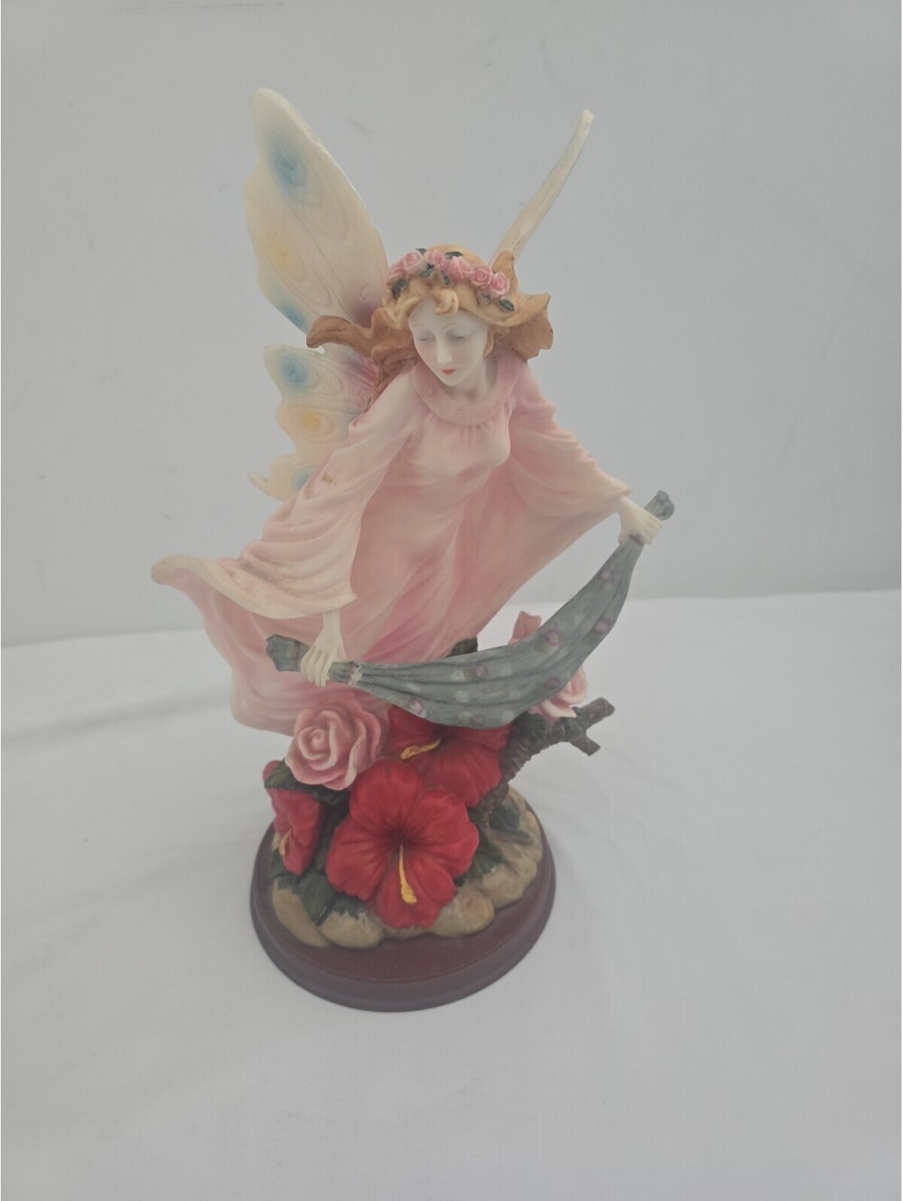 Vintage Floral Fairy Figurine with Wings & Hibiscus Base – Resin Statue